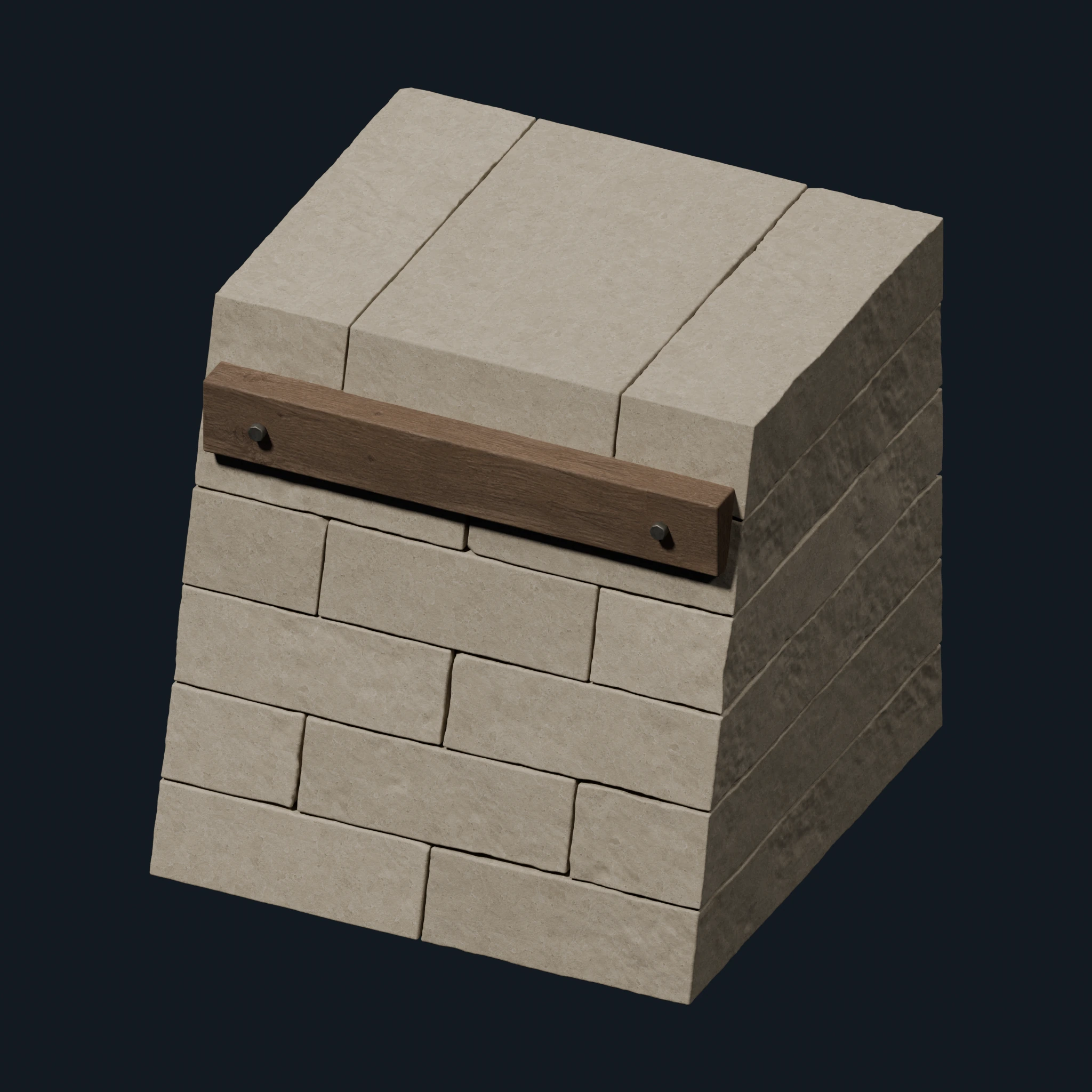 Individual stone abutment module with a sloped face, dressed masonry, and a timber bearing