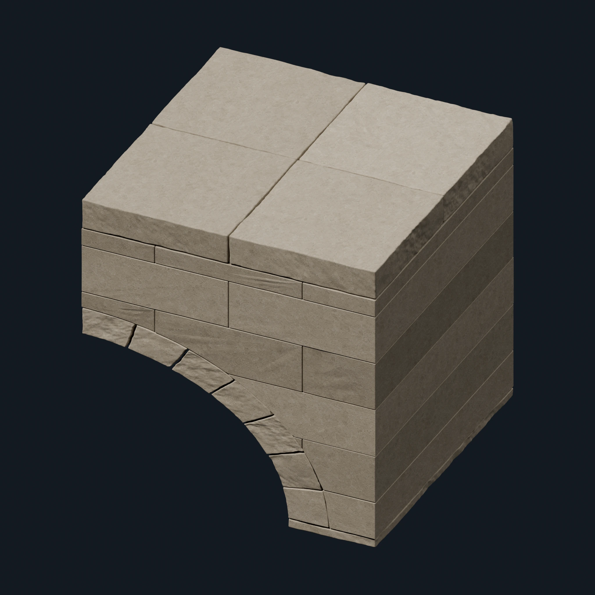 Individual dressed stone arch module with curved underside and flat modular top