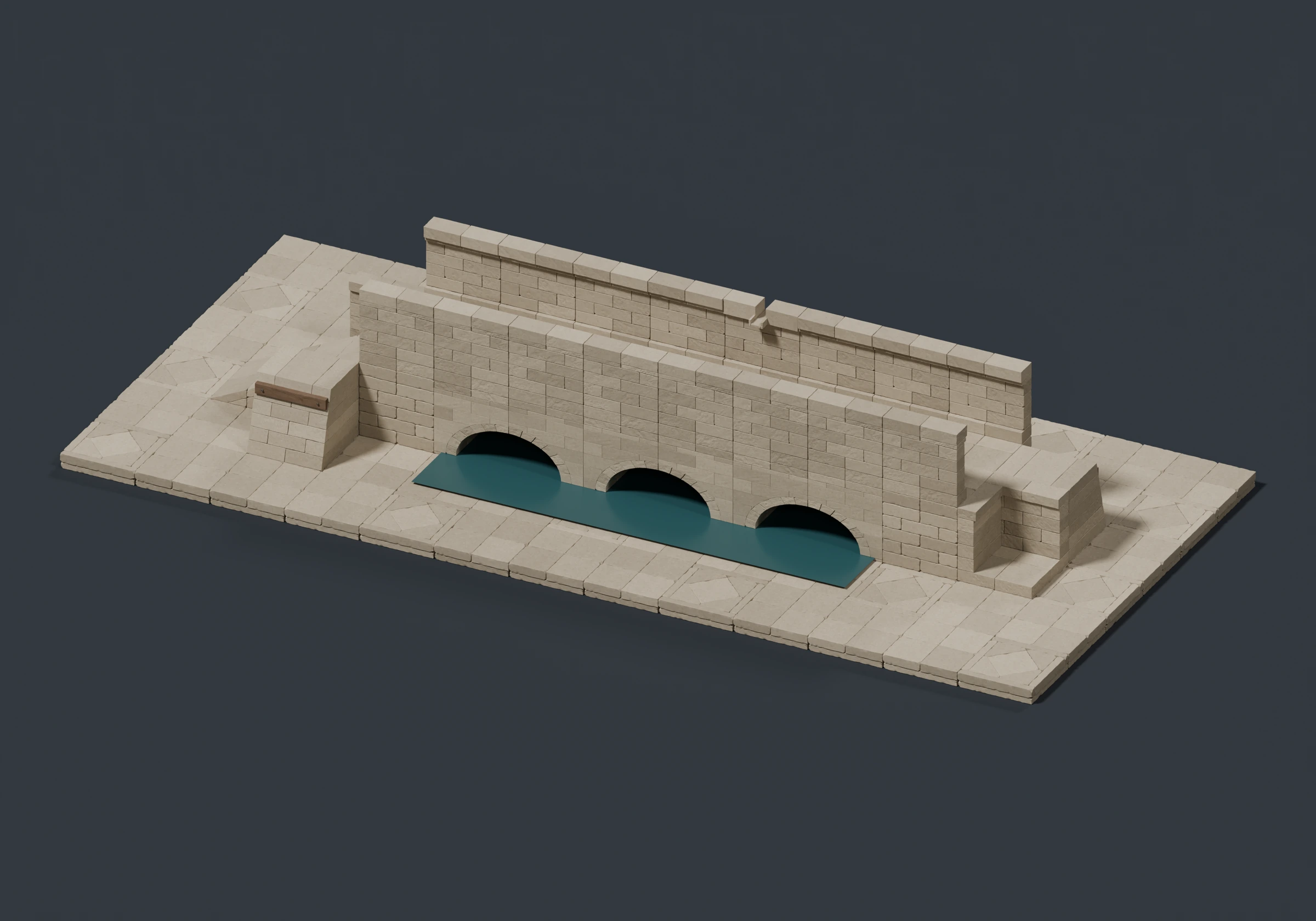 A low stone bridge and canal assembled from coordinated modular construction pieces