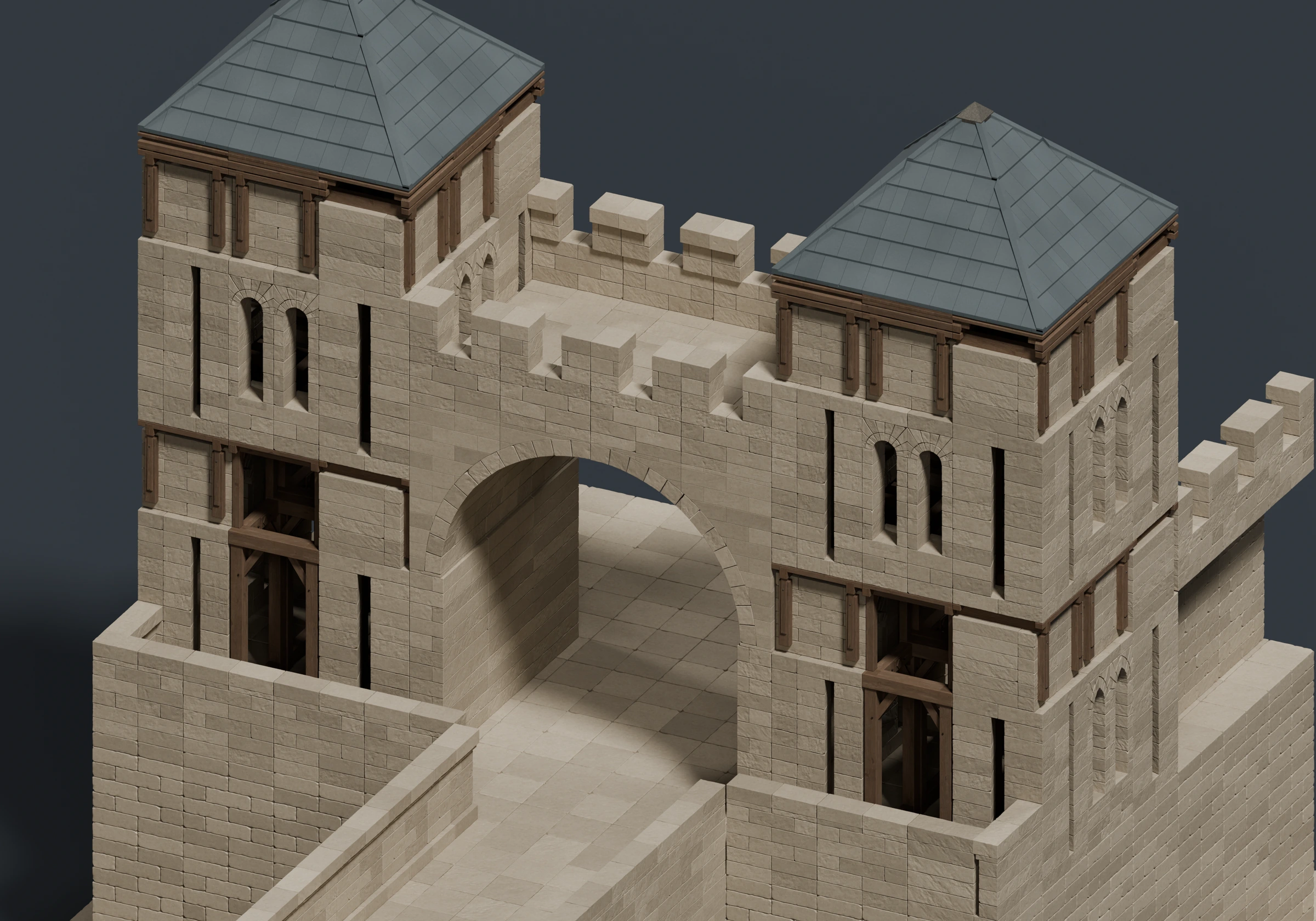 Close view through the gatehouse passage showing aligned stonework and modular connections