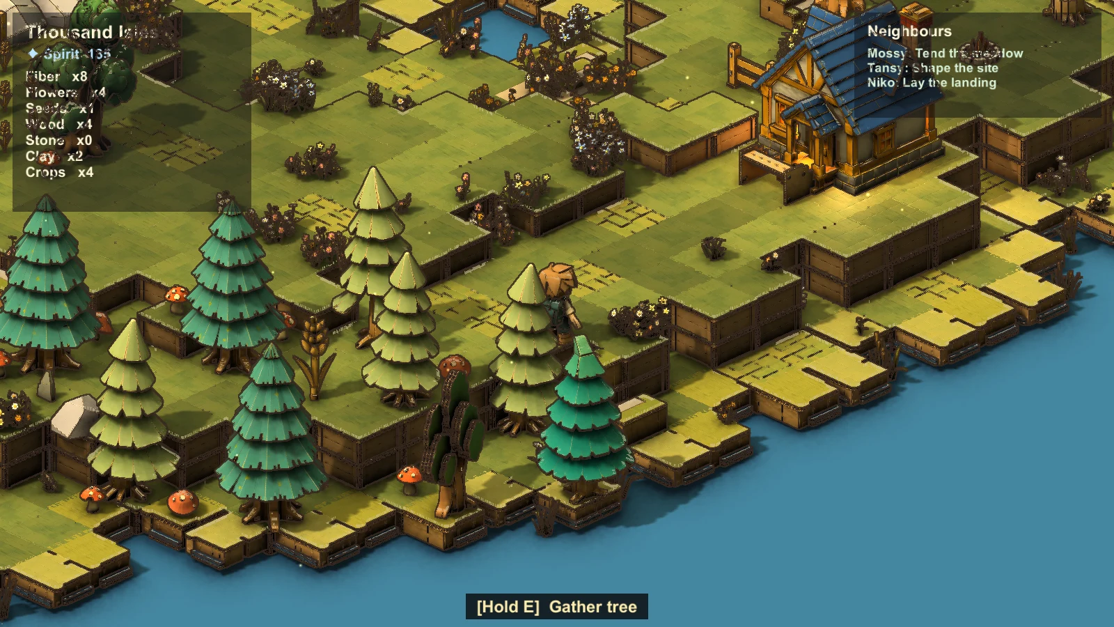 Thousand Isles Unity development capture showing an island, cottage, trees, and gathering interaction