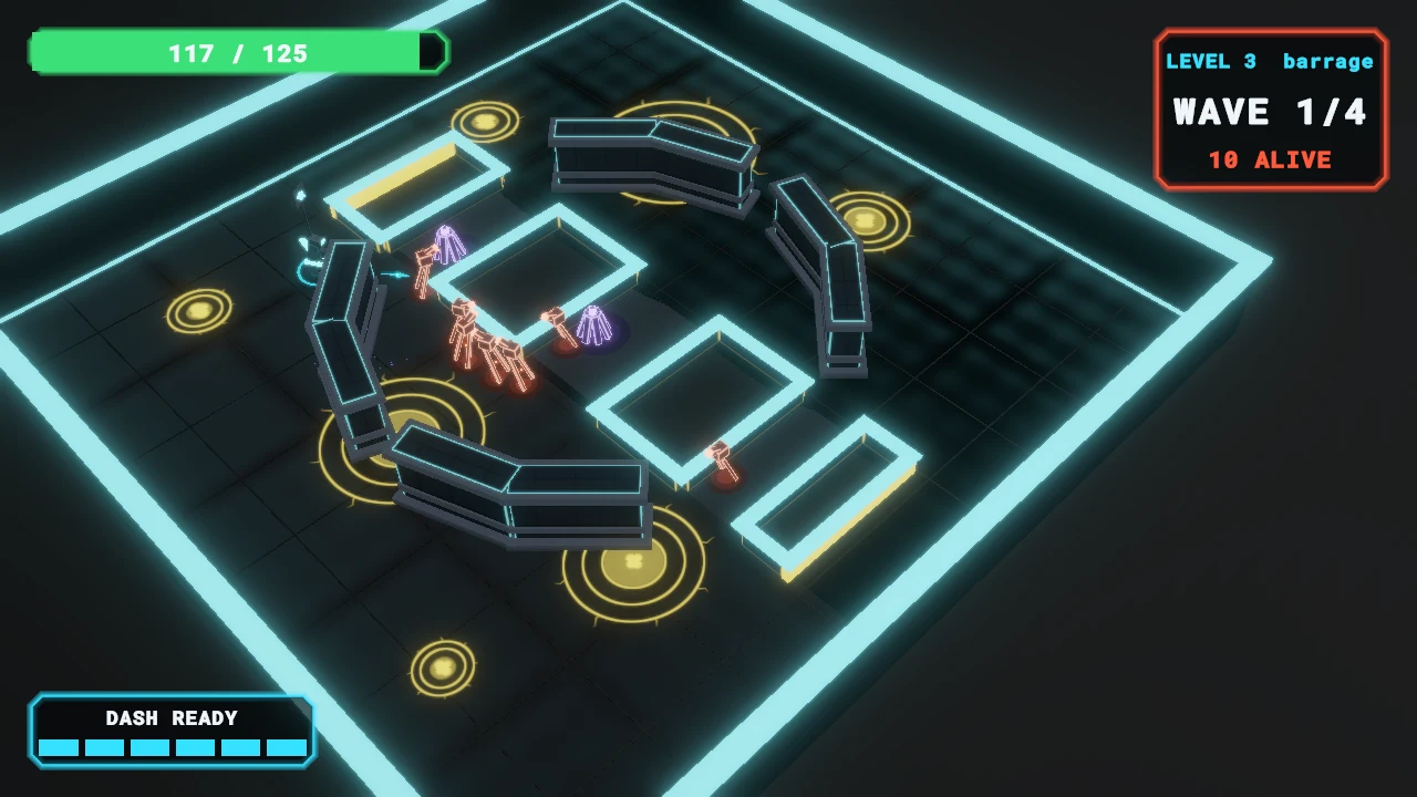 Actual Voltarena Unity gameplay with neon arena geometry, enemies, and combat indicators