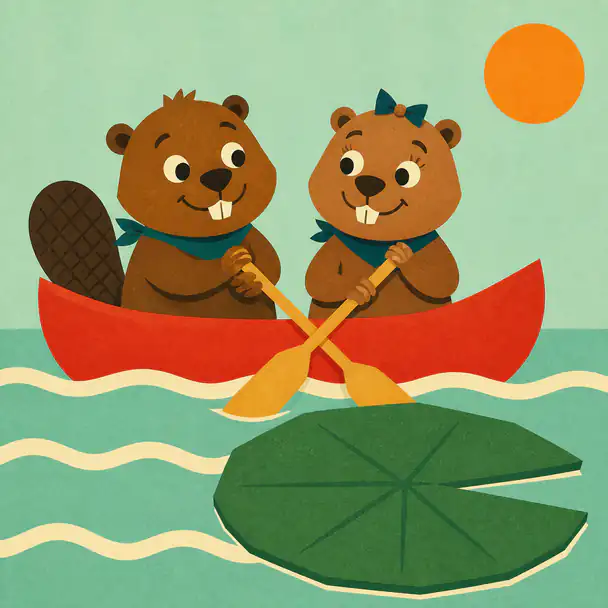 Two beavers paddling a red canoe past a lily pad