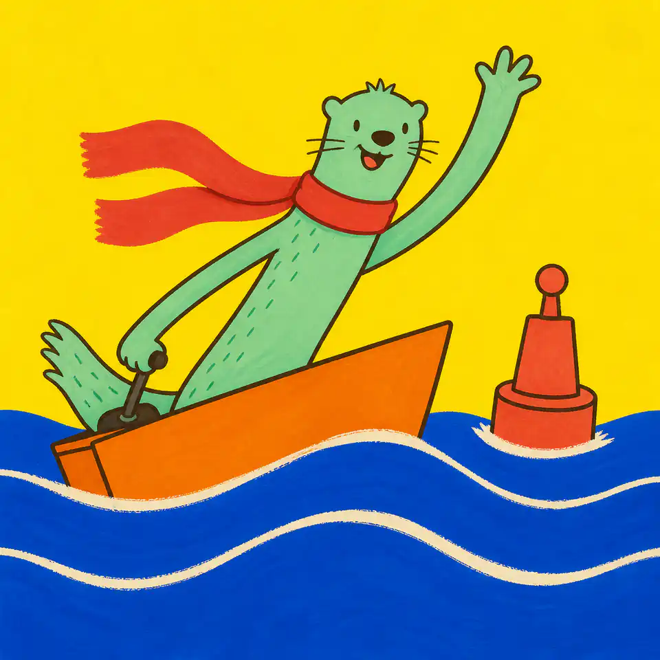 A mint-green otter steering an orange boat past a buoy