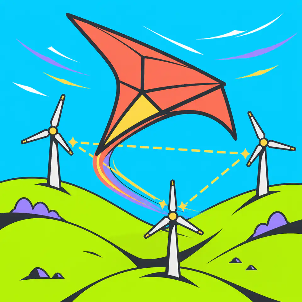 A coral kite flying between wind turbines on green hills