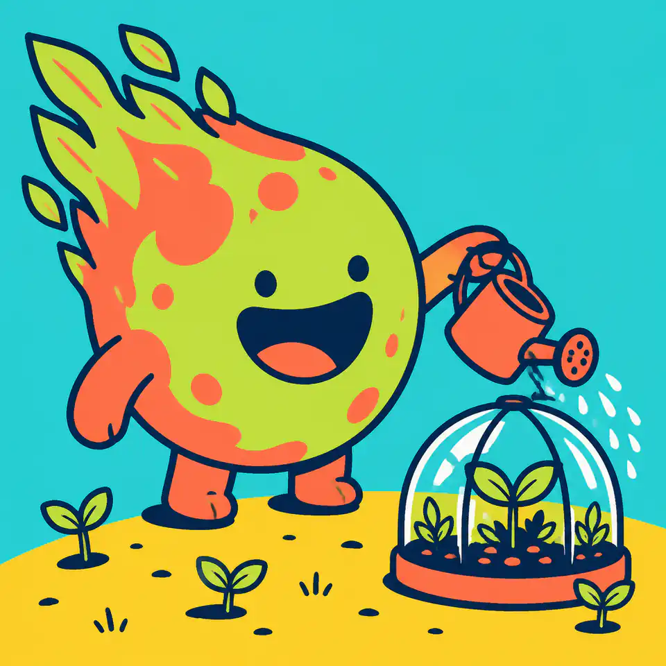 A cheerful green comet watering sprouts beneath glass