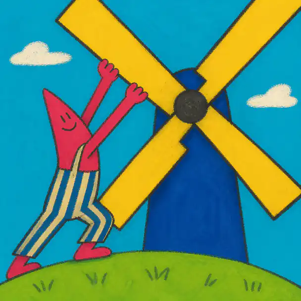 A smiling red character climbing a yellow windmill sail