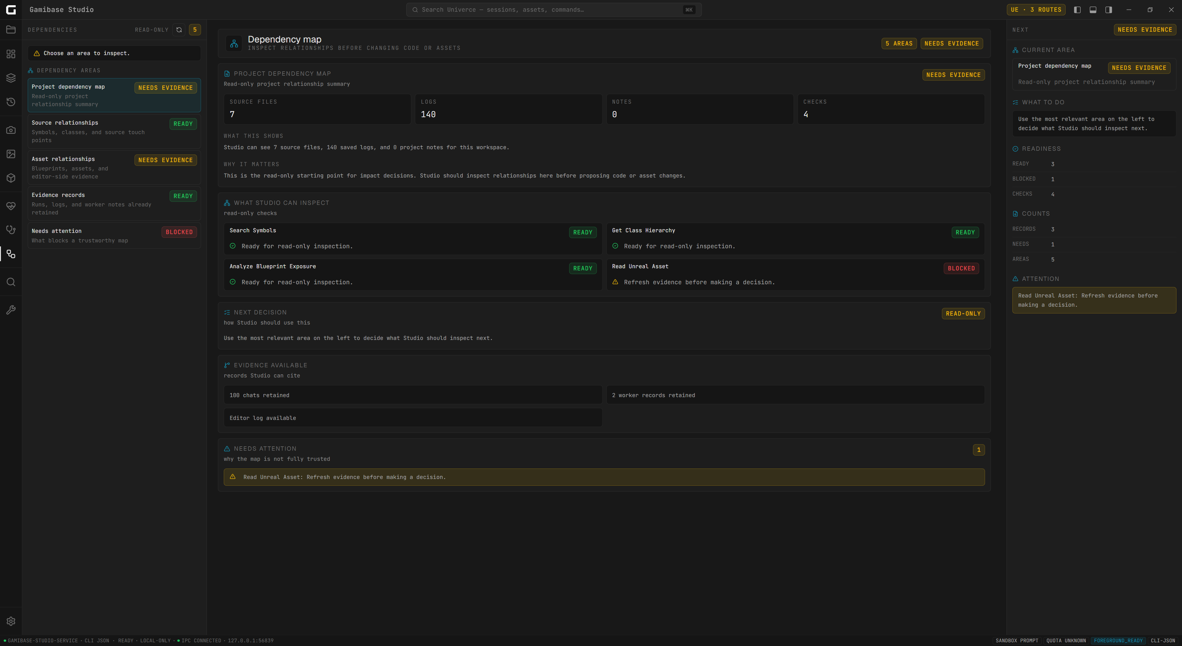 Sample Gamibase Studio dependency map showing Unreal Engine project relationships and evidence readiness