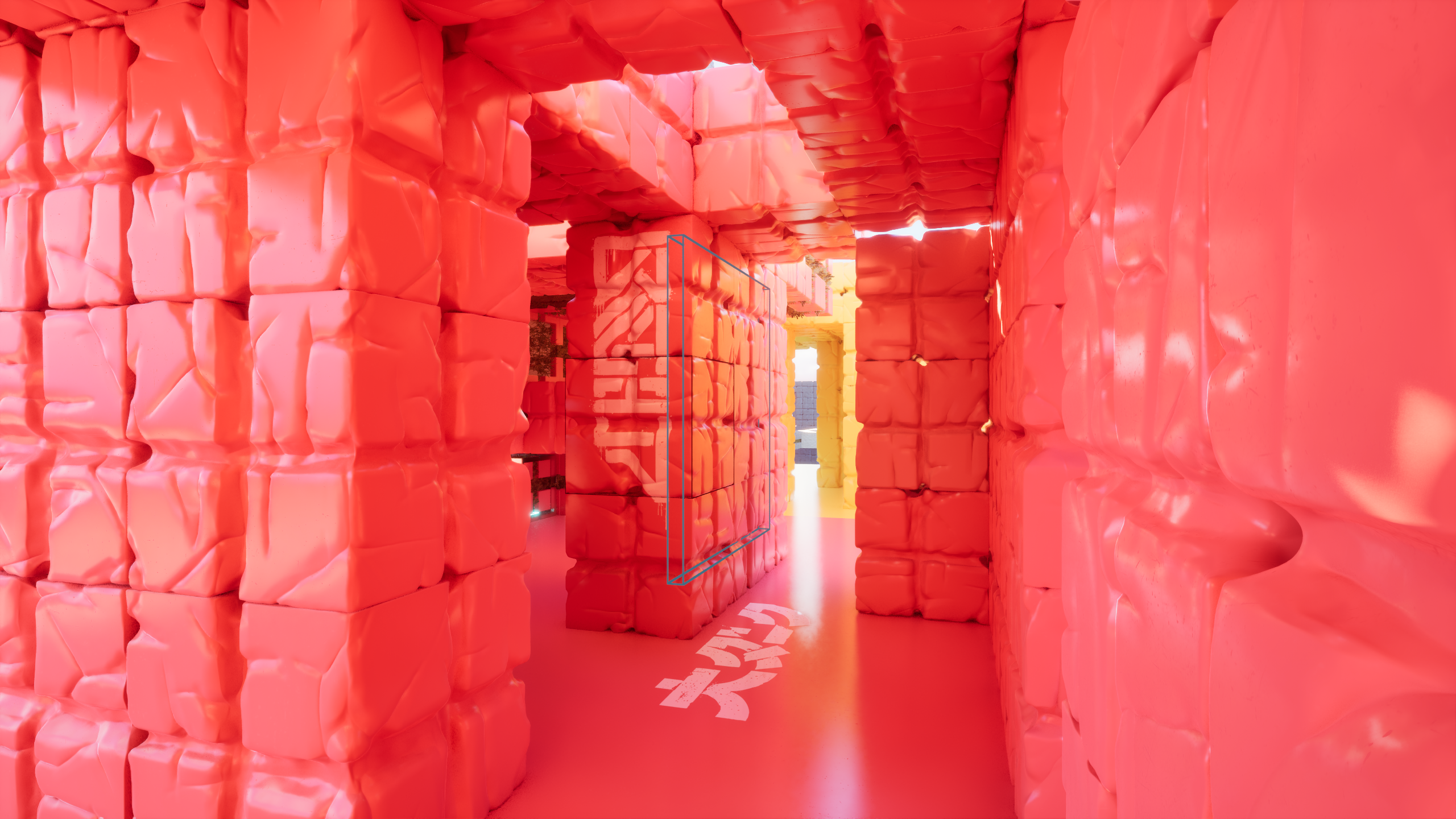 A glossy coral-pink modular corridor with selection wireframe from Bloxiti Factory Island