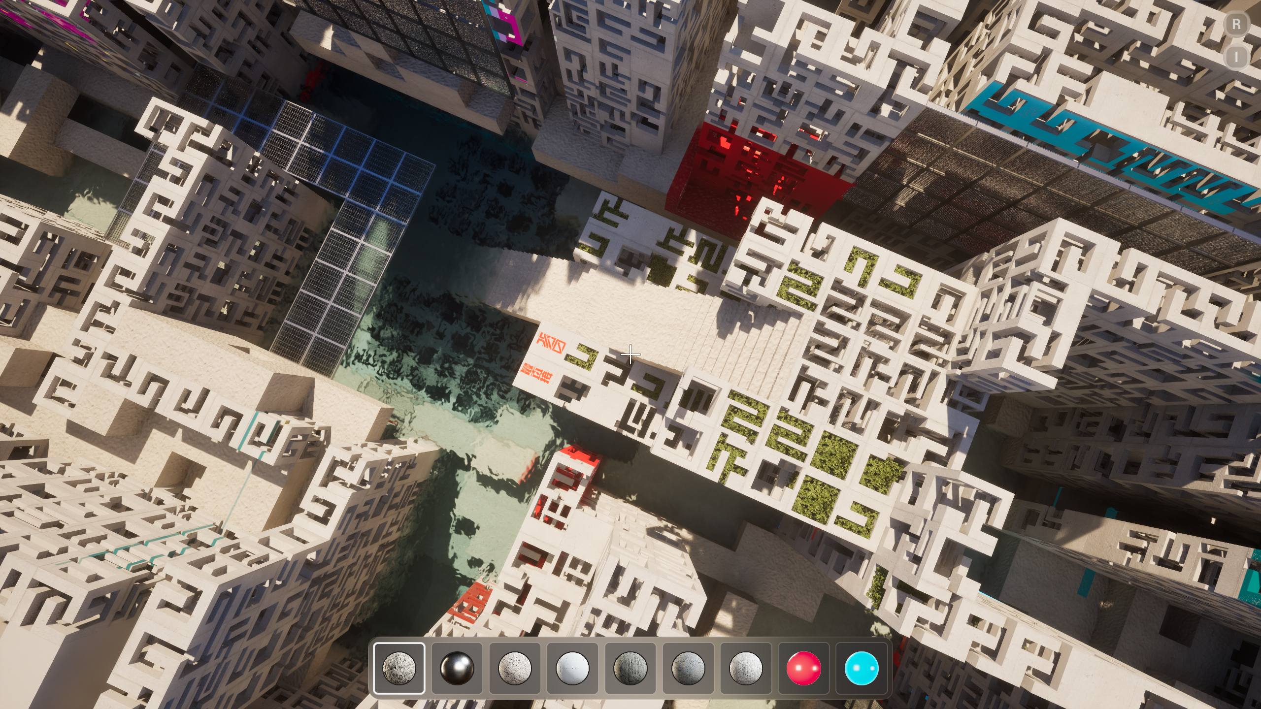 A high-angle modular maze over turquoise water with red and cyan blocks and a material palette in Bloxiti